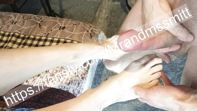 Hot amateur footjob with big cock on sexy pale legs and feet cumshot