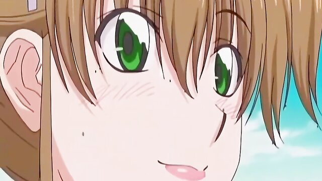 Cute anime girl with green eyes and blush smiling closeup