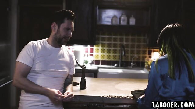 Xwife Karen chats with tattooed guy in kitchen before rough fuck