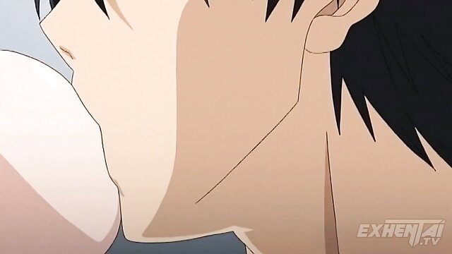 Anime stepsister kissing guy close-up in uncensored hentai porn