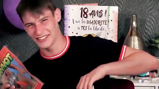 Teen boy 18th birthday amateur selfie with Chucky toy and slut sign