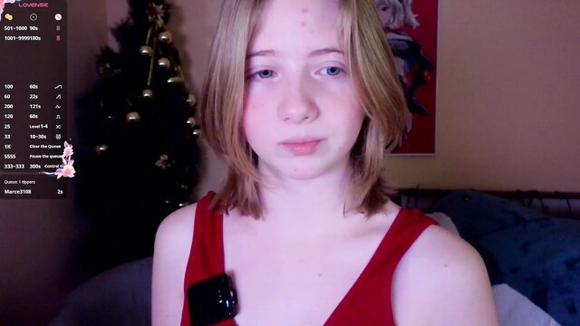 Cute Adelin blonde camgirl in red dress, big tits tease on Stripchat
