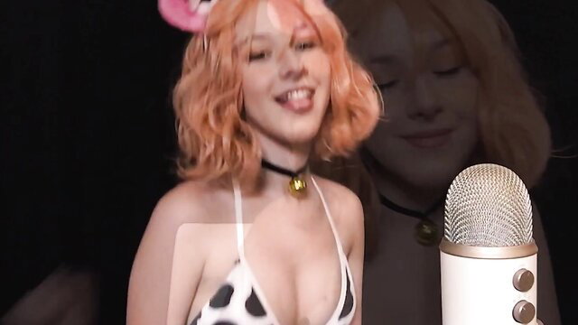 Pink-haired cosplay girl in cow bikini ASMR lewd Trick or Treat video