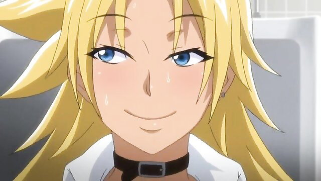 Blonde anime girl with blue eyes smiling, collar, sweaty face closeup