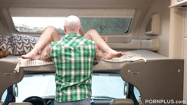 Bald man in green plaid shirt fucks horny influencer legs up in RV camper
