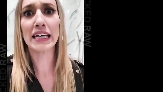 Riley Reyes wide-eyed shock, blonde PAWG in leather jacket