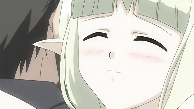 Blushing elf girl with green hair hugged by man in Himekishi Angelica Ep.1