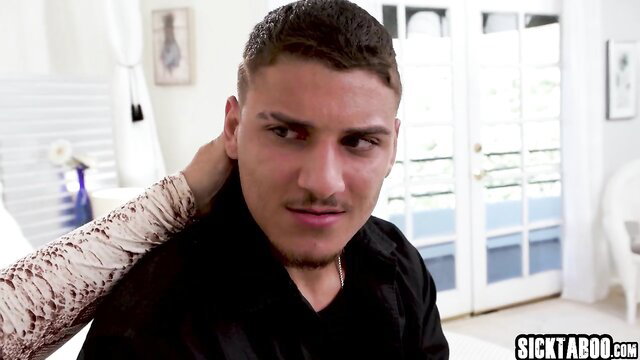 Tattooed Latino hunk gripped by hand on neck in naughty mom scene