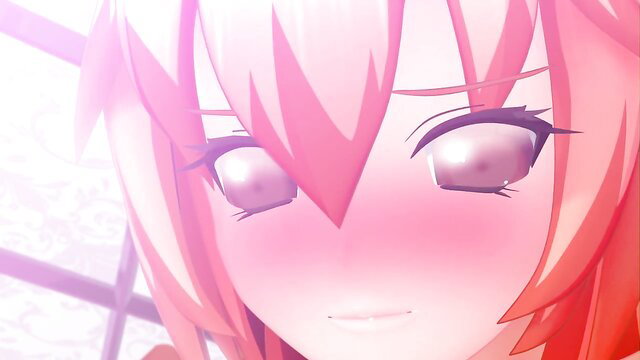 Closeup of pink-haired anime girl's ahegao face with glowing eyes and blush
