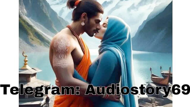 Hindu god-like man in orange dhoti kisses veiled woman by snowy lake