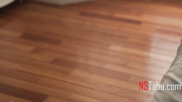 Stepmom in tight white top and pants on wooden floor loves stepson taboo