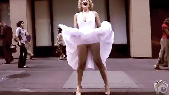 Marilyn Monroe lookalike white dress upskirt on busy street