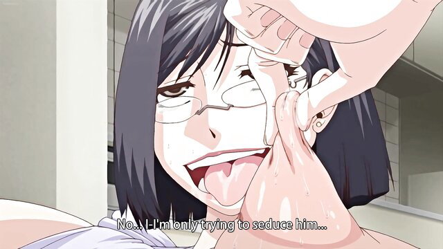 Anime woman with glasses licks hand seductively in Bitch na Inane-sama Ep.4