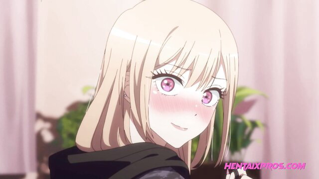 Blonde anime gamer girl with pink eyes blushing in hoodie, horny stepsis vibe