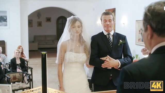 Sofia Lee as sexy bride in wedding dress at ceremony