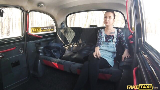 Asian babe in denim dress in cab with George Uhl, Fake Taxi tease