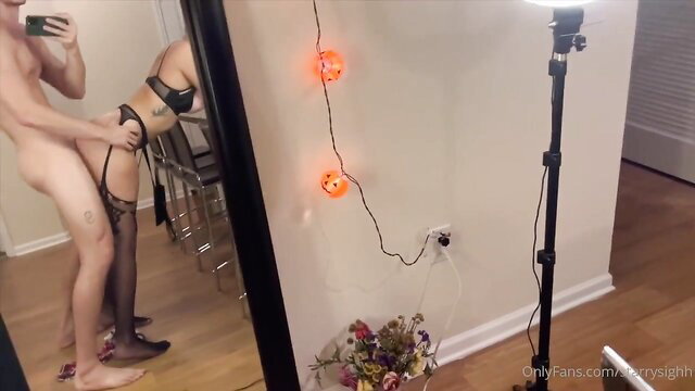 Hot brunette in lingerie and stockings fucked doggystyle in mirror POV