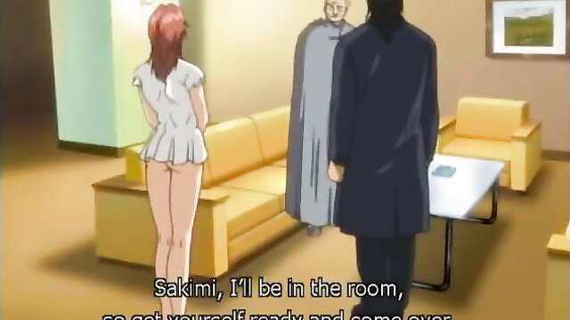 Redhead nun in short white dress upskirt, old priest and man behind her