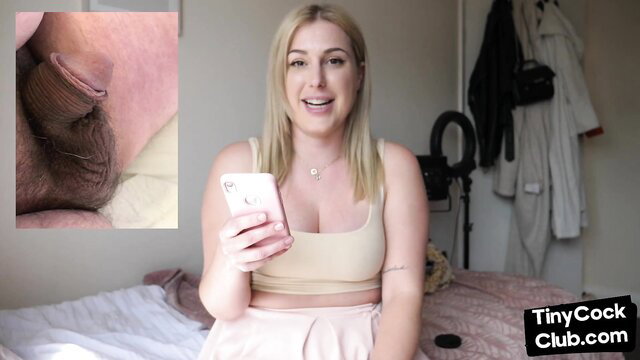 Busty blonde babe in pink skirt humiliates tiny dick men SPH solo