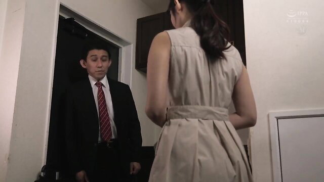 JAV cuckold wife in dress faces suited young man at door