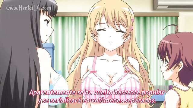 Three busty anime hentai girls in lingerie smiling happily