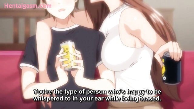 Two busty anime girls whispering teasingly, one holding energy drink cans