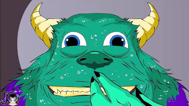 Sully green monster licks tongue closeup from Monsters Inc cum parody
