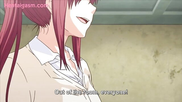 Redhead hentai schoolgirl in sweater yelling 'Out of the room everyone!'