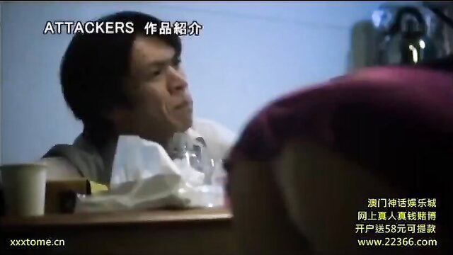 Asian JAV man in white shirt talks intently at table, Attackers studio