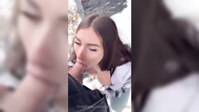 Teen brunette deepthroats cock outdoors, messy facial cumshot