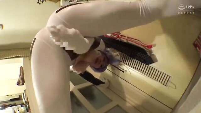 Chubby Japanese wife in cosplay bends over in white leggings, thick thighs spread POV