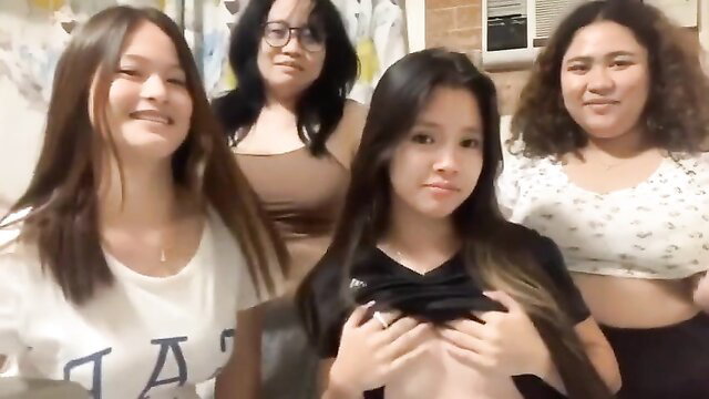 Four smiling Asian Gap Girls in tight tops, viral amateur thumbnail