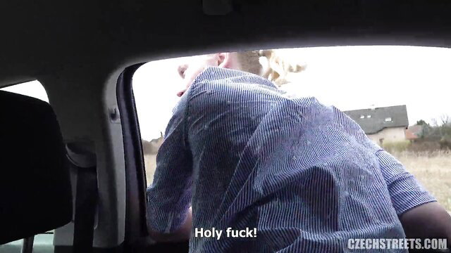 Czech Streets guy shocked leaning into car window, outdoor amateur fuck near Prague