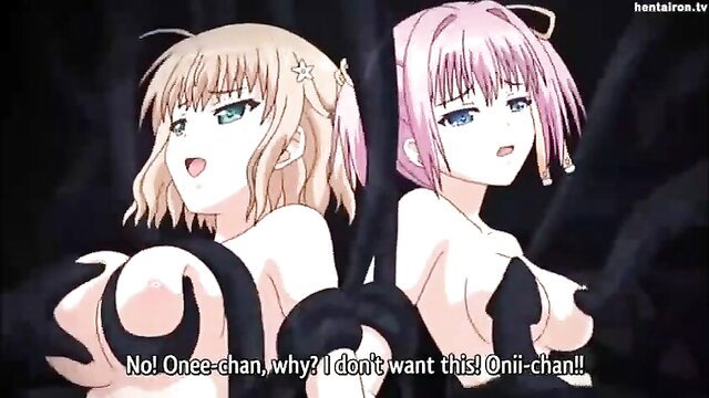 Twin anime sisters nude with monster tentacles groping tits in hentai