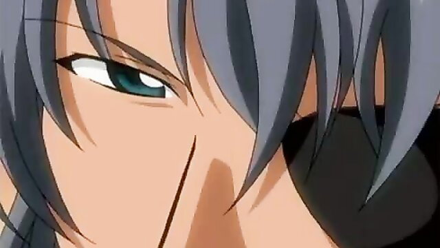 Closeup of intense gray-haired anime guy with piercing green eyes
