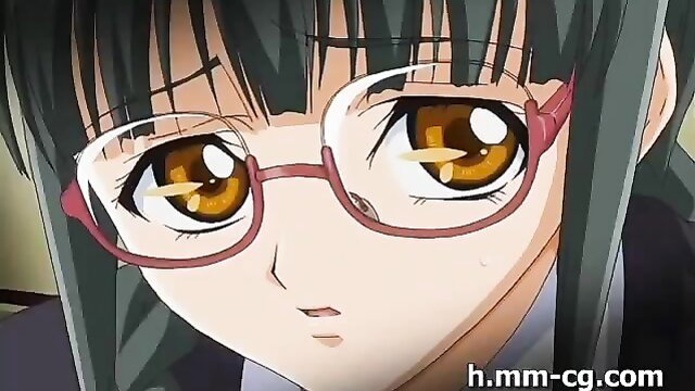 Closeup of cute anime girl with glasses and big yellow eyes from hentai Sharing a beauty