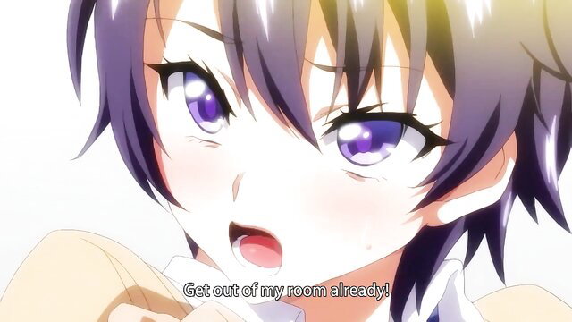 Purple-haired anime girl yells 'Get out of my room already' in JAV thumbnail