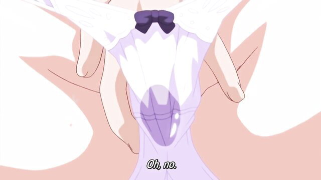 Anime hentai girl in white dress with bow, shocked 'Oh no' expression, closeup