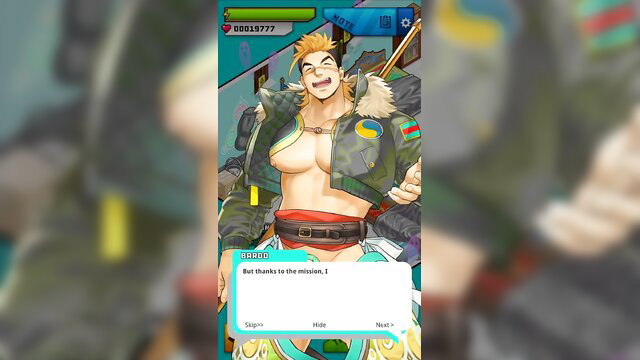 Muscular blond furry hunk in open camo jacket bares chest on sofa