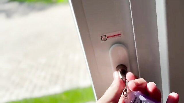 Hand unlocking white door knob, spying on hot neighbor tease