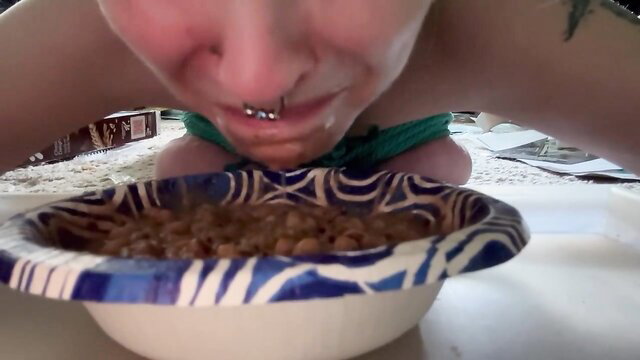 Hot girl on knees eating from dog bowl in humiliating dinner fetish