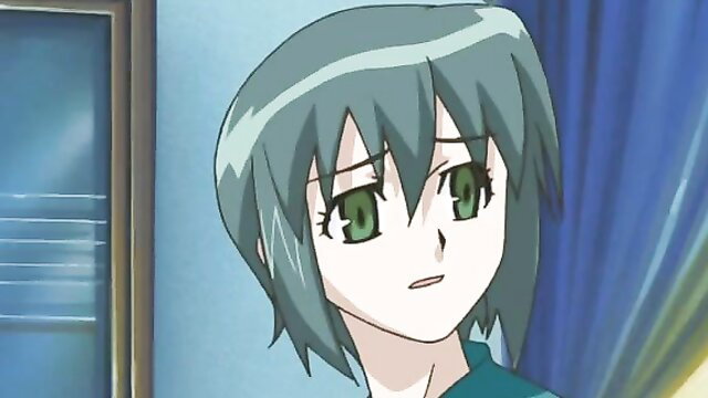 Cute green-eyed anime girl with short teal hair in JAV mother-daughter scene