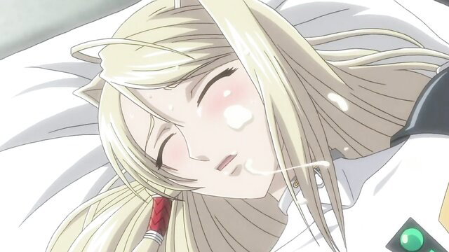 Blonde anime girl with cat ears in seductive pose on bed, Soukou Kijo Iris Ep.2