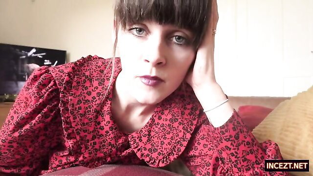 Sydney Harwin mommy in red ruffled blouse, seductive gaze