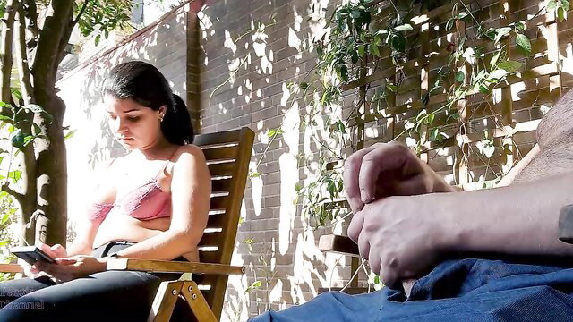 Candy Crush in pink bra ignores stepson's dick out while playing Candy Crush