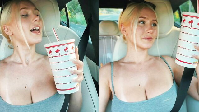 Blonde stepsister in car holding drink, huge tits spilling from tank top
