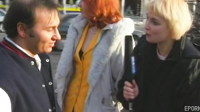 Retro MILF redhead and blonde reporter interview man outdoors wild screw