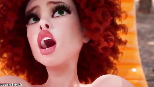 3D animated redhead dickgirl with open mouth in ecstasy, futa fetish tease