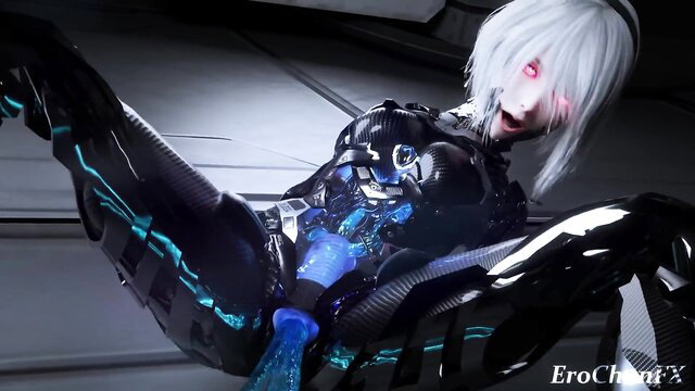 2B Mech by EroChanFX: white-haired anime girl in latex suit squirting blue fluid