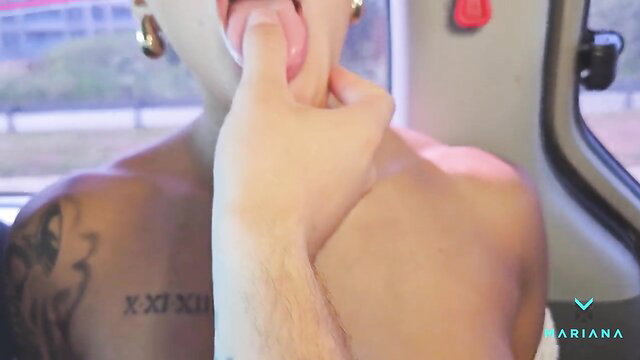 Mariana Martix MILF fingering mouth in car outdoor tease